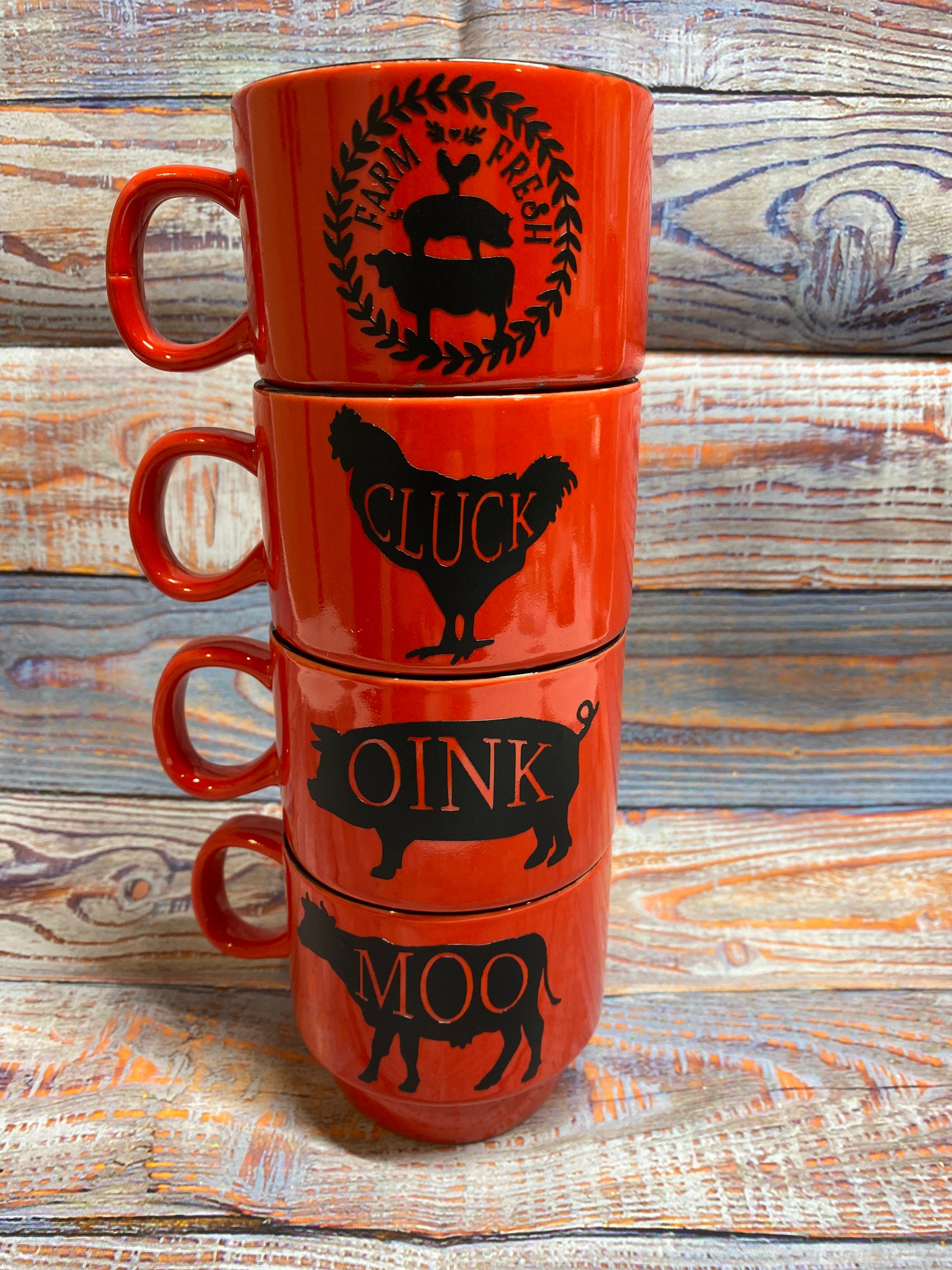 Farmhouse Stacking Mug Set With Stand, Stacking Coffee Mug Set