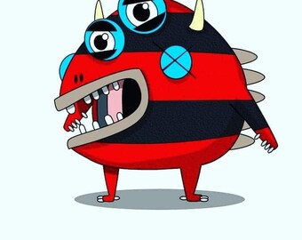 May include: A cartoon monster with red and black stripes, blue eyes, and a toothy grin. The monster has two horns and is standing on two legs.