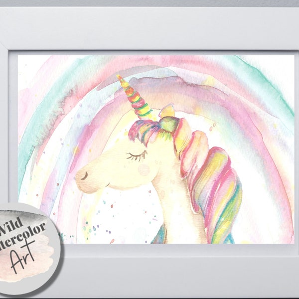 Watercolor Unicorn Nursery Wall Art – Printable Digital Download for Girls Room, Personalized Kids Decor