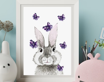 Cute bunny and butterfly wall art.  Bunny and Butterfly Nursery Print. Bunny baby room wall art. Bunny printable art. Rabbit Art print.