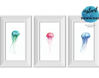 Juego de láminas artísticas de vida marina. Juego de láminas artísticas de medusas para pared. Láminas artísticas de casas de playa para descargar digitalmente e imprimir al instante. Arte de pared de casas de playa