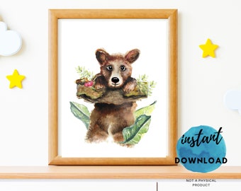 Brown Bear Nursery print Woodland themed Nursery printable Bear theme baby art baby shower  bear cub picture Watercolor baby animal poster