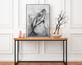 Humpback Whale Black and white digital Art Print Whale painting Home Decor or Ocean themed Nursery ,beach house and Ocean-Inspired Spaces
