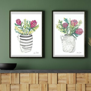Protea Print, Descarga de arte de pared de flores rosas, conjunto de protea sudafricano de 2 estampados de flores rosas. Arte de pared minimalista. Estampado de líneas florales.