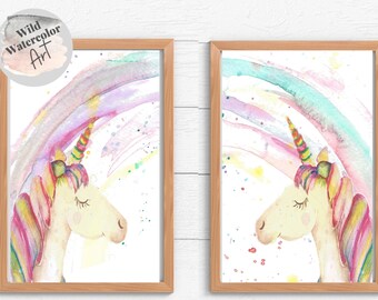Download digital de unicórnio. Impressão de arco-íris de unicórnio gêmeo. Pintura em aquarela pastel Arte de parede para berçário. Pôster de unicórnio rosa. Unicórnio para impressão.