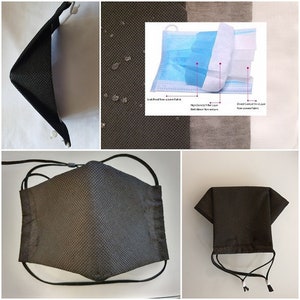 Op de afbeelding: Zwart herbruikbaar mondkapje met verstelbare oorlussen. Het masker is gemaakt van een ademende, waterbestendige stof. Het masker heeft een drielaags ontwerp: lekvrij niet-geweven materiaal, filterlaag met hoge dichtheid en directe contactlaag.