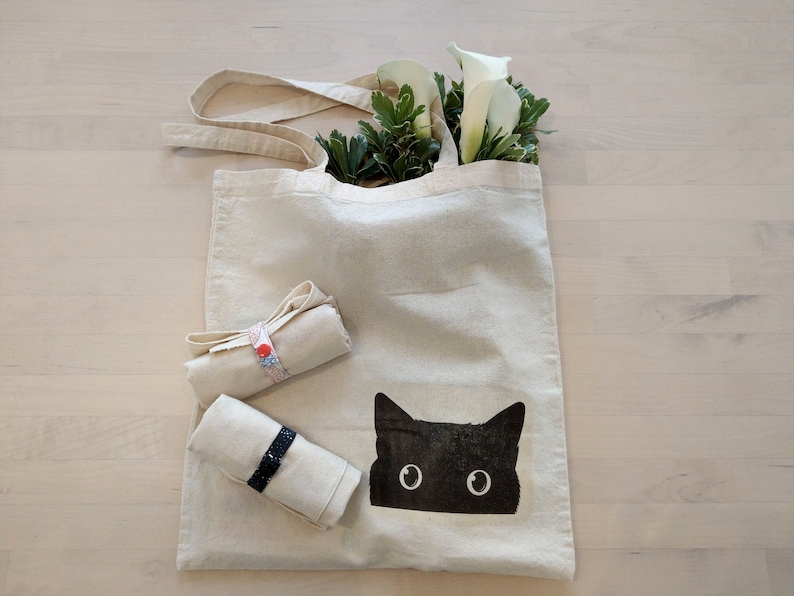 Foldable Transfer printed cute tote bag reusable cotton shopping tote bag BlackCat#1 book bag grocery bag Black cat tote bag