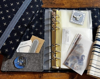 A6 6 ring binder with handmade cover/Stickers Organizer/A6 Journal/Cash Envelope binder/Diary Planner - Cross Kasuri Navy Blue