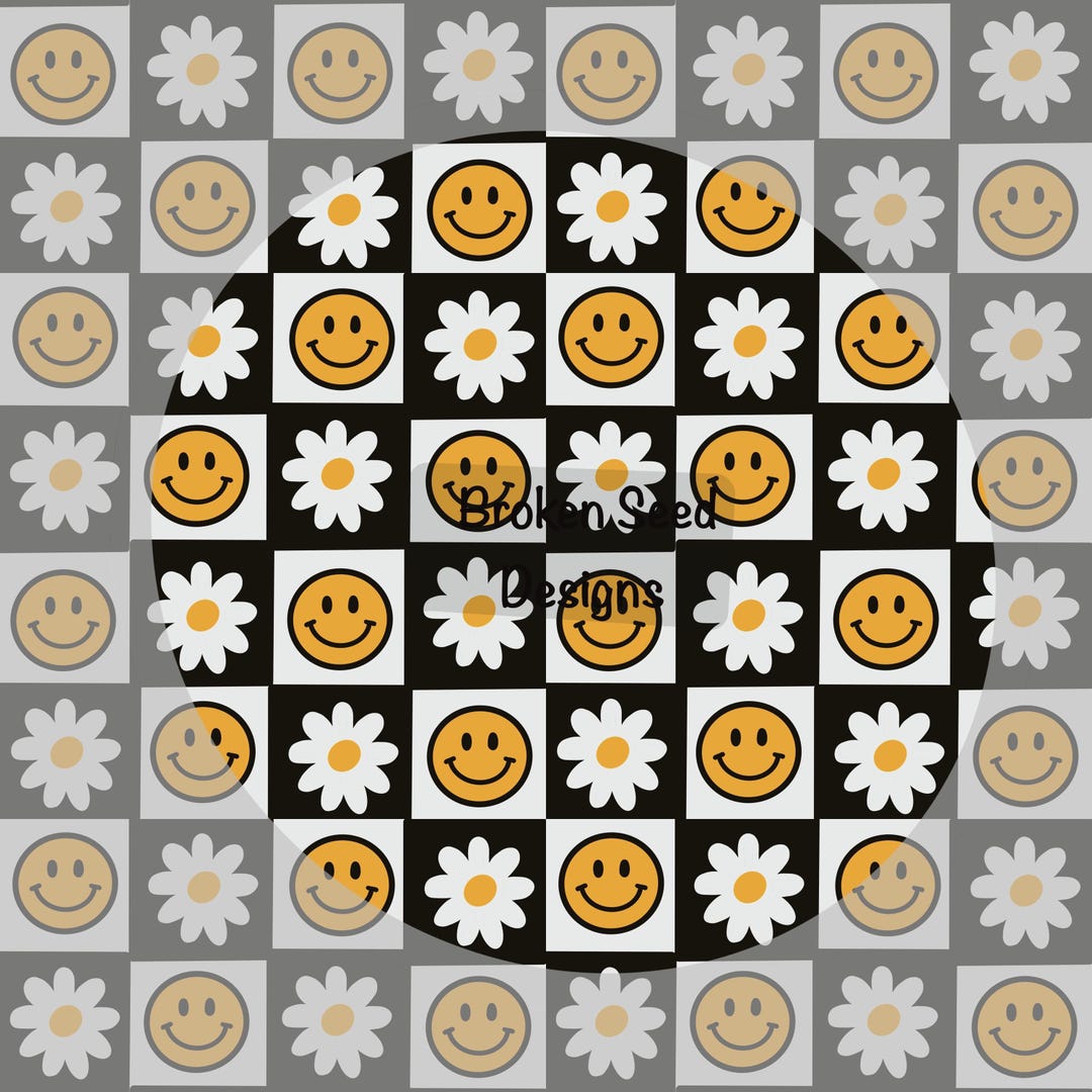 BW Checkered Retro Smiley Face and Daisy Daisies Seamless Pattern 300 ...