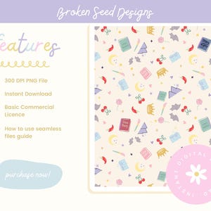May include: Digital download featuring a whimsical pattern with books, cherries, bats, and crowns on a cream background. The image includes text: "features", "300 DPI PNG File", "Instant Download", "Basic Commercial Licence", "How to use seamless files guide", and "purchase now!"