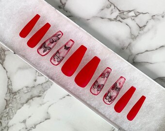 images Coffin Baddie Red Acrylic Nails Medium red press on nails etsy