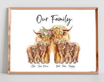 Personalised family print, Highland cow print, Heilan Coo Print, Mothers day Print, Family, Keepsake gift, Gift for her, Fathers Day Gift