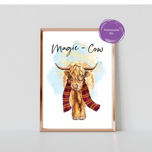 May include: A watercolour illustration of a Highland cow wearing round glasses and a red and gold scarf. The text "Magic - Cow" is written above the cow.