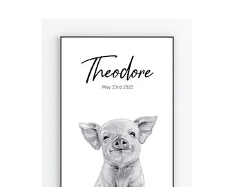 Personalised Nursery print, pig print, New baby Print, Birth gift, babys room, Keepsake gift, Gift for newborn, new mumGift, baby pig