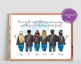 Peut inclure: Une impression encadrée avec une illustration aquarelle de six amis debout ensemble. Le texte dit "Voici aux nuits qui se transforment en matins et aux amis qui se sont transformés en famille." Les noms Amy, Ali, Sophia, Jackie, Luke et Becky sont écrits sous l'illustration.