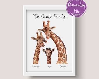 Personalised family print, Giraffe print, Safari Print, Nursery Print,Giraffe Family, Keepsake gift, Gift for her, Wall art, Fathers Day Gif