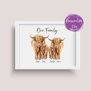 Personalised family print, Highland cow print, Heilan Coo Print, Mothers day Print, Family, Keepsake gift, Gift for her, Fathers Day Gift