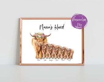 Personligt familjetryck, höglandsko-tryck, Heilan, mors dag-tryck, barnbarn, mormors minnespresent, present till mormor, mormors present