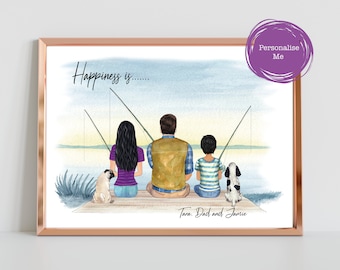Personalised fathers day print, Dad drawing, Dad and children,Grandpops gift, Personalised fishing print ,fathers day portrait, fishing gift