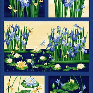 May include: A fabric panel featuring watercolor illustrations of irises, water lilies, and dragonflies. The irises are blue and white, the water lilies are white and yellow, and the dragonflies are yellow and blue. The background is a mix of blue and yellow.