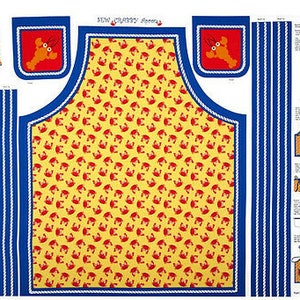 May include: A fabric panel for a crab-themed apron. The apron's main body is yellow with a repeating red crab pattern. Blue and white striped fabric is on the sides. The pockets have a red background with a crab. The text "NEW CRABBY APRON" is at the top.