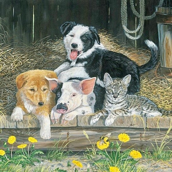Barnyard Friends Digital Panel by Riley Blake - Puppies,Pig and Cat - Adorable