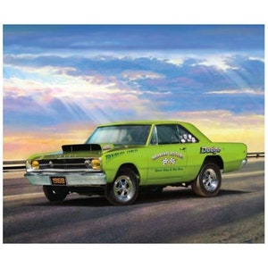 May include: A lime green 1968 Dodge Dart muscle car with a black hood scoop and chrome accents. The car has racing decals and is on a paved road with a sky background.