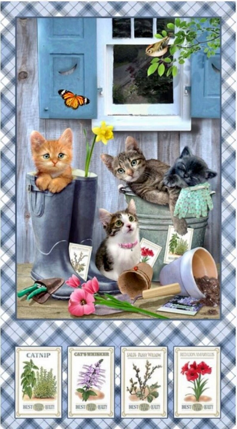 May include: A whimsical illustration depicts four kittens in a garden setting. One kitten peeks from a blue boot, others from a bucket. Garden tools, flowers, and seed packets are scattered around. A butterfly and window complete the scene.
