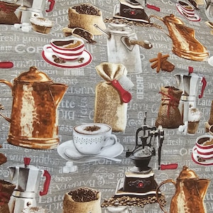 May include: A gray fabric featuring a repeating pattern of coffee-themed illustrations including copper-colored coffee pots, white cups with saucers, burlap sacks of coffee beans, vintage-style coffee grinders, cinnamon sticks, and the text coffee.