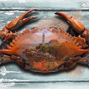 May include: A vibrant orange crab illustration with a coastal scene overlay. The crab's body features a lighthouse, buildings, and a shoreline. The background has a weathered, light blue wood texture.