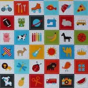 May include: A colorful fabric panel featuring a grid of illustrated squares. Each square contains a different cartoon image, including a rainbow, strawberry, penguin, rocket, apple, roller skate, and more. The overall design is playful and vibrant.