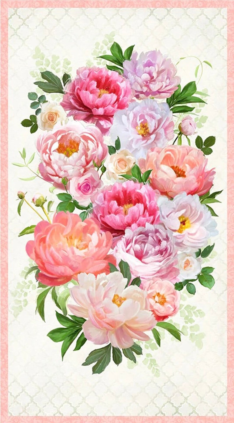May include: A vertical floral design featuring a bouquet of peonies and roses in shades of pink, white, and peach, with green leaves. The flowers are arranged against a cream background with a pink border.