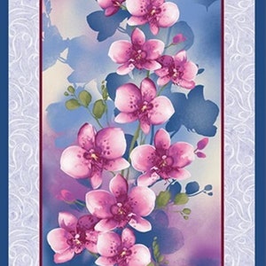 May include: A vertical floral panel featuring watercolor orchids in shades of pink and purple against a blue and purple background. The orchids are the focal point, with green leaves and stems. The panel is framed with a white scroll design on a dark blue border.