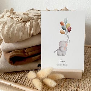 Personalisierte Karte "Elefant mit Luftballons" mit Wunschtext und Namen / Geburt / Geburtstag / Postkarte / Klappkarte