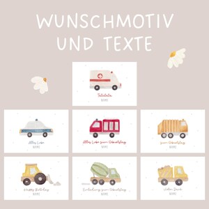 Puede incluir: Una colecci&oacute;n de siete tarjetas rectangulares con ilustraciones en acuarela de varios veh&iacute;culos, incluyendo una ambulancia, coche de polic&iacute;a, cami&oacute;n de bomberos, cami&oacute;n de basura, tractor, hormigonera y cami&oacute;n volquete, con el texto WUNSCHMOTIV UND TEXTE.