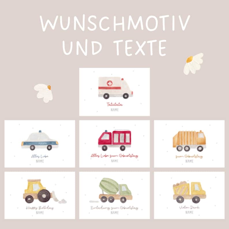 Puede incluir: Una colecci&oacute;n de siete tarjetas rectangulares con ilustraciones en acuarela de varios veh&iacute;culos, incluyendo una ambulancia, coche de polic&iacute;a, cami&oacute;n de bomberos, cami&oacute;n de basura, tractor, hormigonera y cami&oacute;n volquete, con el texto WUNSCHMOTIV UND TEXTE.
