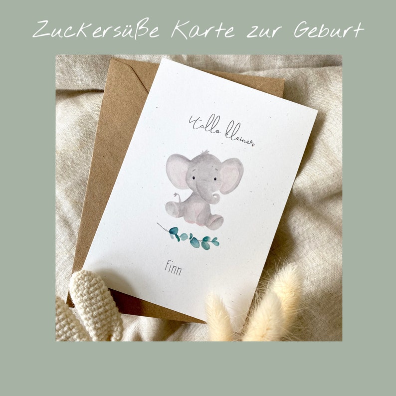 Personalisierte Geburtskarte Elefant mit Eukalyptus mit Wunschtext und Namen Bild 4