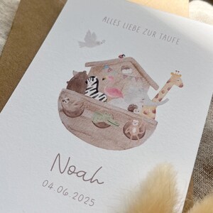 Personalisierte Karte "Arche Noah" / Alles Liebe zur Taufe mit Name und Datum / Glückwunschkarte / Postkarte / Klappkarte