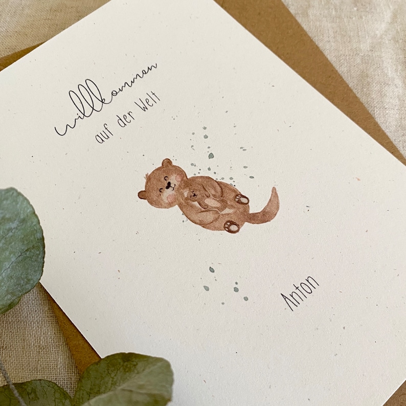 Personalisierte Geburtskarte Otter mit Baby mit Wunschtext und Namen Bild 3
