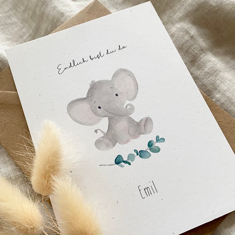 Personalisierte Geburtskarte Elefant mit Eukalyptus mit Wunschtext und Namen Bild 2