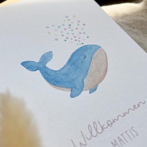 Personalisierte Glückwunschkarte "Wal" mit Wunschtext und Namen / Geburt / Geburtstag / Taufe / Postkarte / Klappkarte
