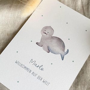 Personalisierte Karte "Robbe" mit Wunschtext und Namen zur Geburt