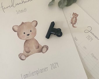 Personalisierter Familienkalender "Familienbande" 2024 mit fünf Spalten und Klammer / mit süßen Aquarellmotiven / Familienplaner / A3