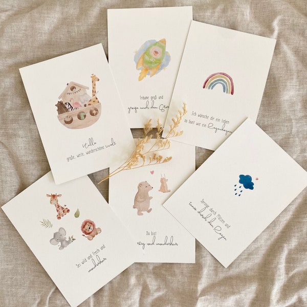 Postkartenset "Für die Kleinen" mit schönen Aquarellmotiven und liebevollen Sprüchen für Kinder / 6er Set