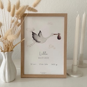personalisiertes Geburtsposter "Storch" / Geschenk zur Geburt / Geburtstafel / A4 oder A3