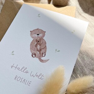 Personalisierte Geburtskarte "Otter mit Baby" mit Wunschtext und Namen / Postkarte / Klappkarte
