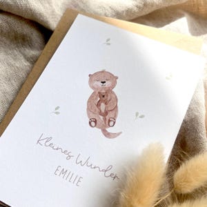 Personalisierte Geburtskarte "Otter mit Baby" mit Wunschtext und Namen / Postkarte / Klappkarte