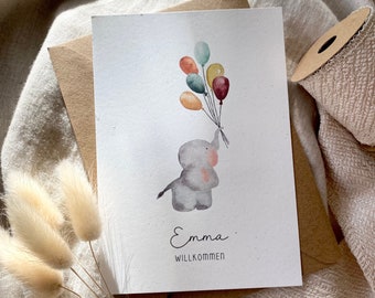 Personalisierte Karte "Elefant mit Luftballons" mit Wunschtext und Namen / Geburt / Geburtstag / Einladung
