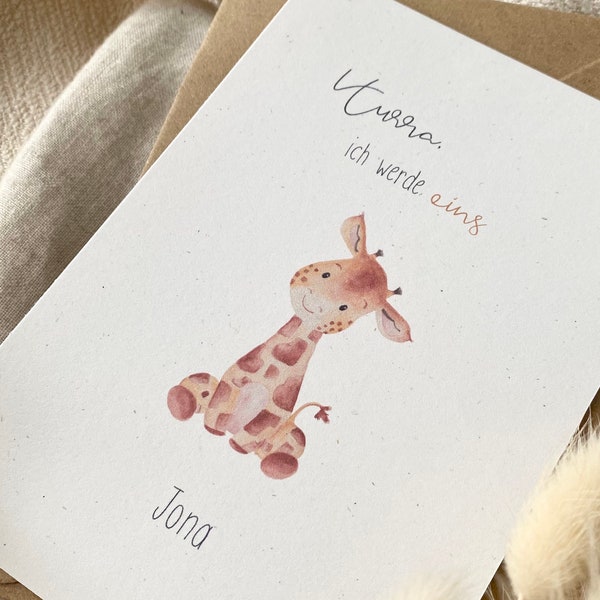 Personalisierte Karte "Giraffe" zum Geburtstag mit Zahl und Namen