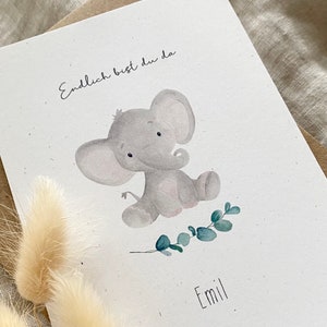 Personalisierte Geburtskarte Elefant mit Eukalyptus mit Wunschtext und Namen Bild 1